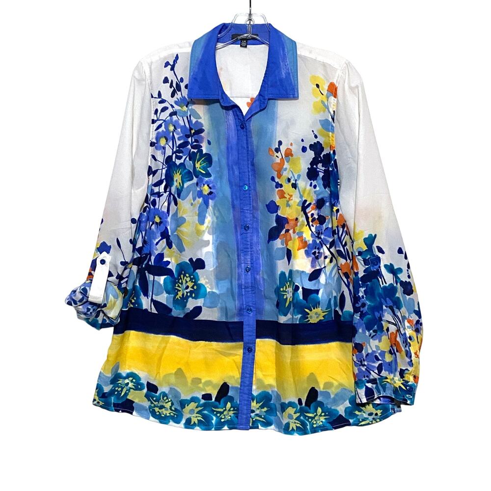 Rafaella Watercolor Floral Wearable Art Button Blouse Womens L Blue Boho Artsy